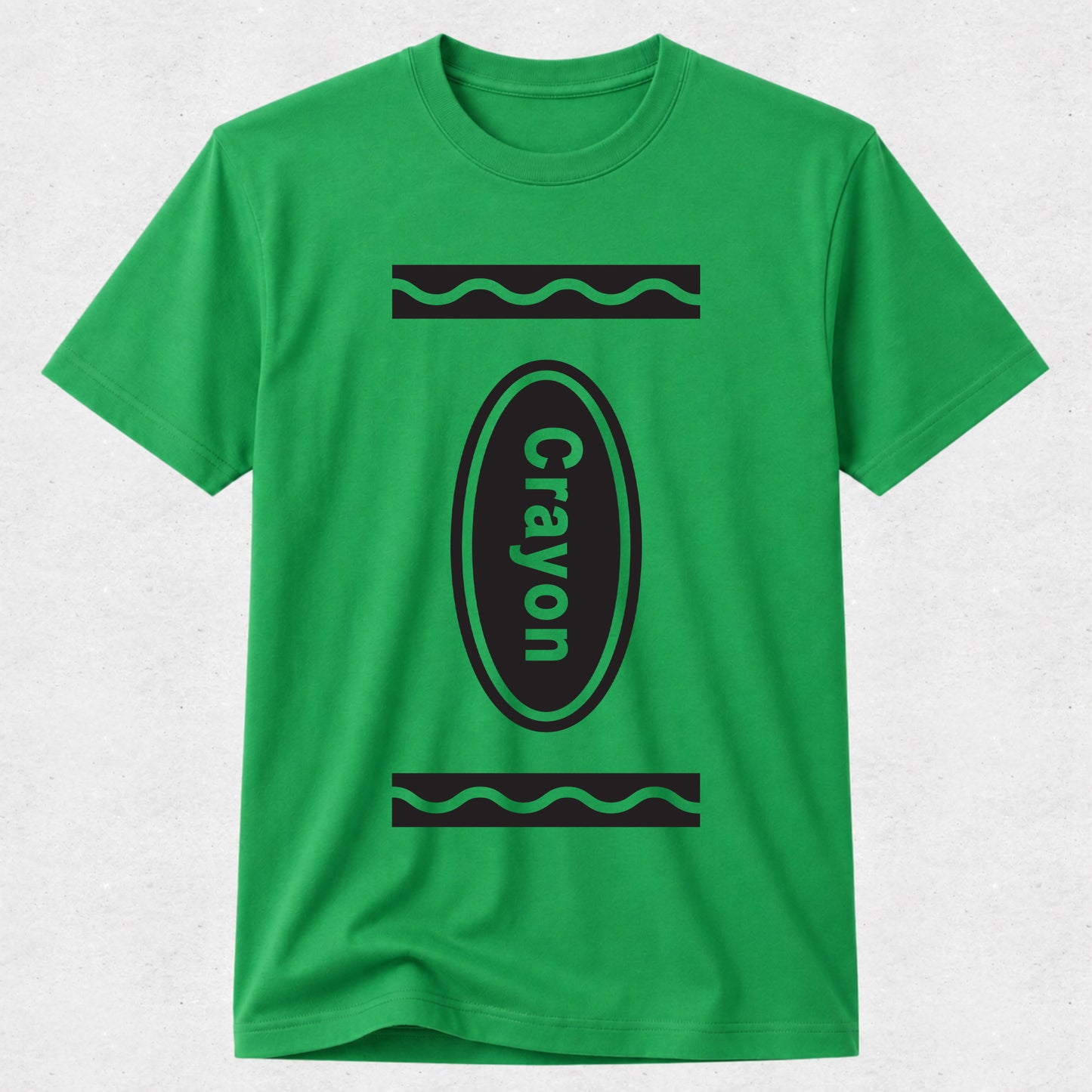 A bright green short-sleeve crewneck t-shirt featuring a black graphic of a crayon on the front with the word 'Crayon' printed vertically inside the crayon shape.