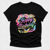 Black t-shirt with colorful 'Happy Birthday' design on a light gray background