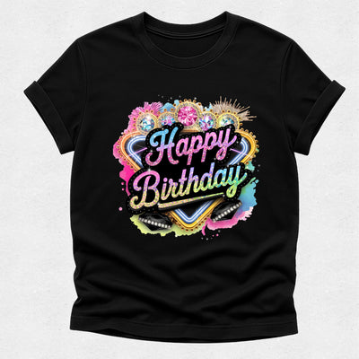 Black t-shirt with colorful 'Happy Birthday' design on a light gray background