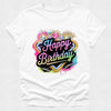 White t-shirt with colorful 'Happy Birthday' design on a white background