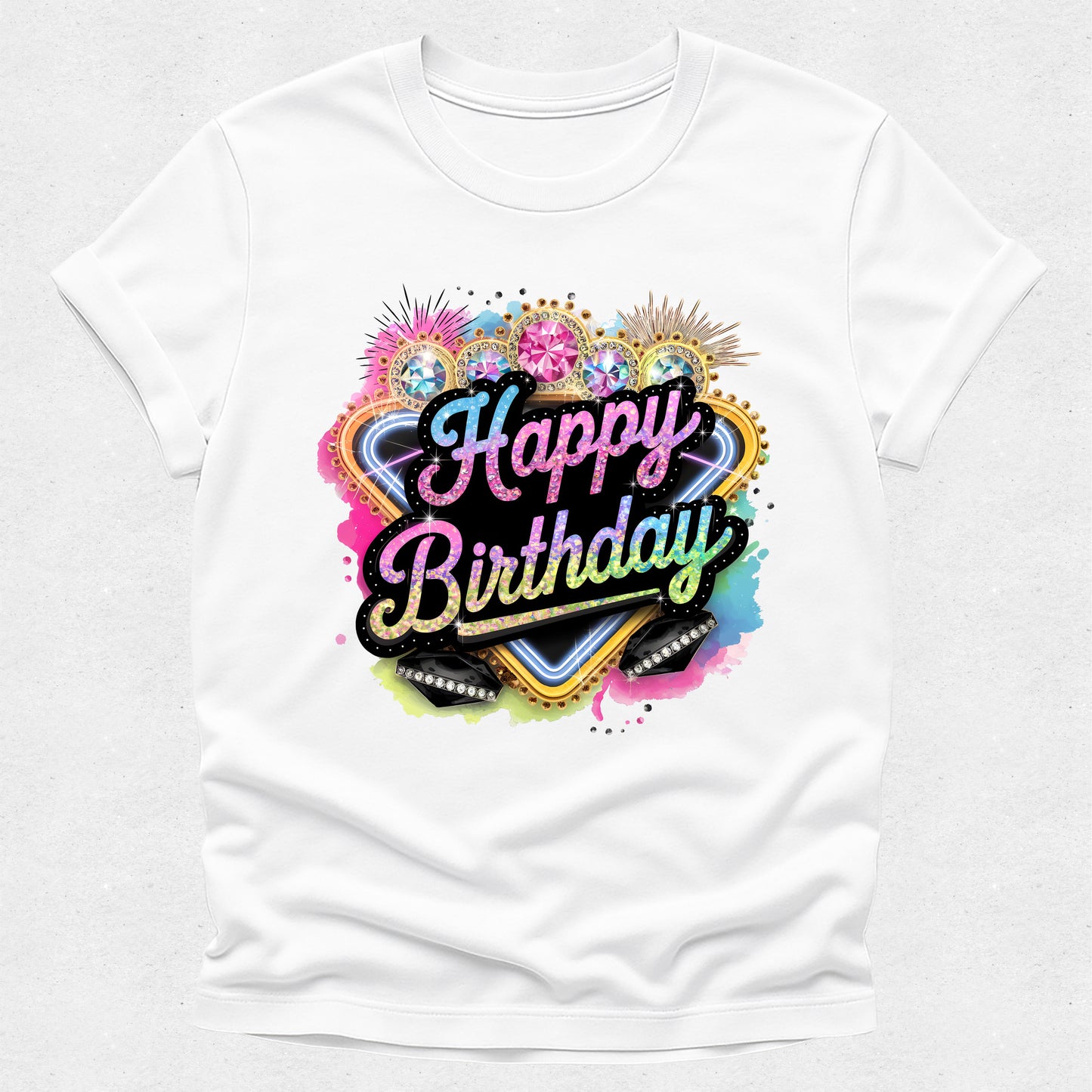 White t-shirt with colorful 'Happy Birthday' design on a white background