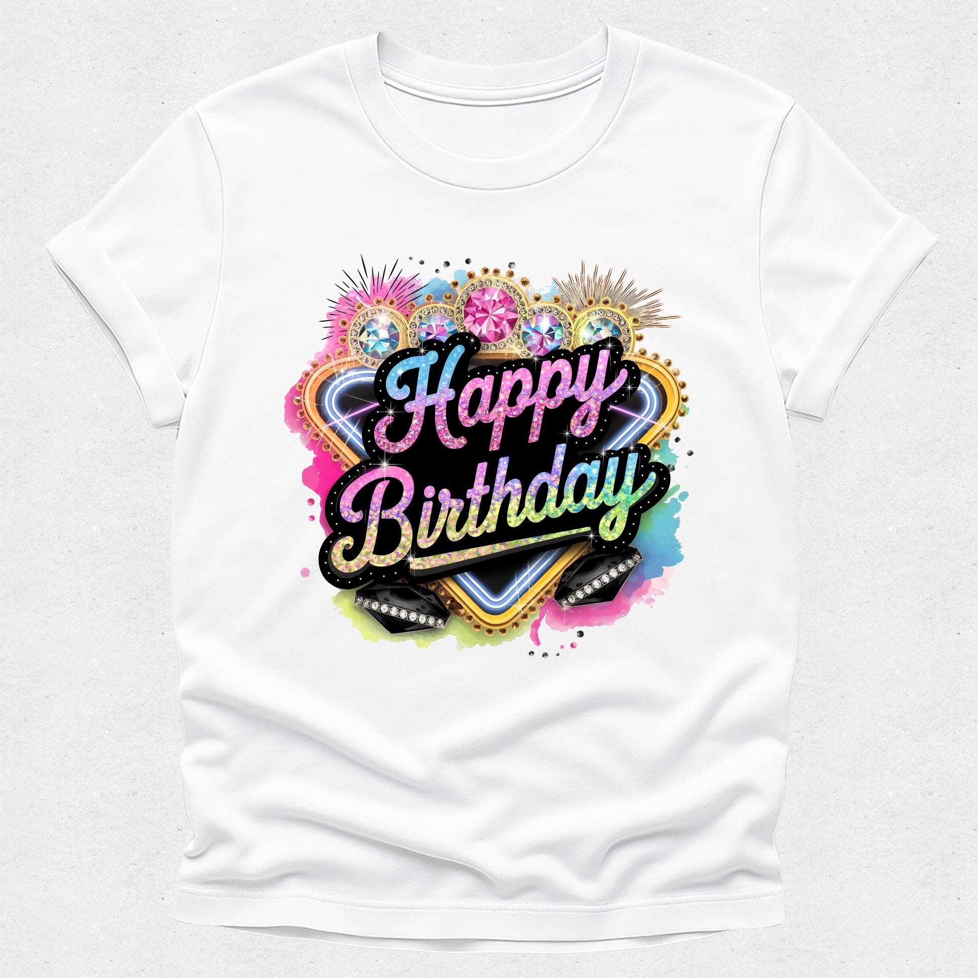 White t-shirt with colorful 'Happy Birthday' design on a white background