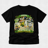 Black t-shirt with a sports-themed graphic featuring Australia and the year 2026 on a light gray background.