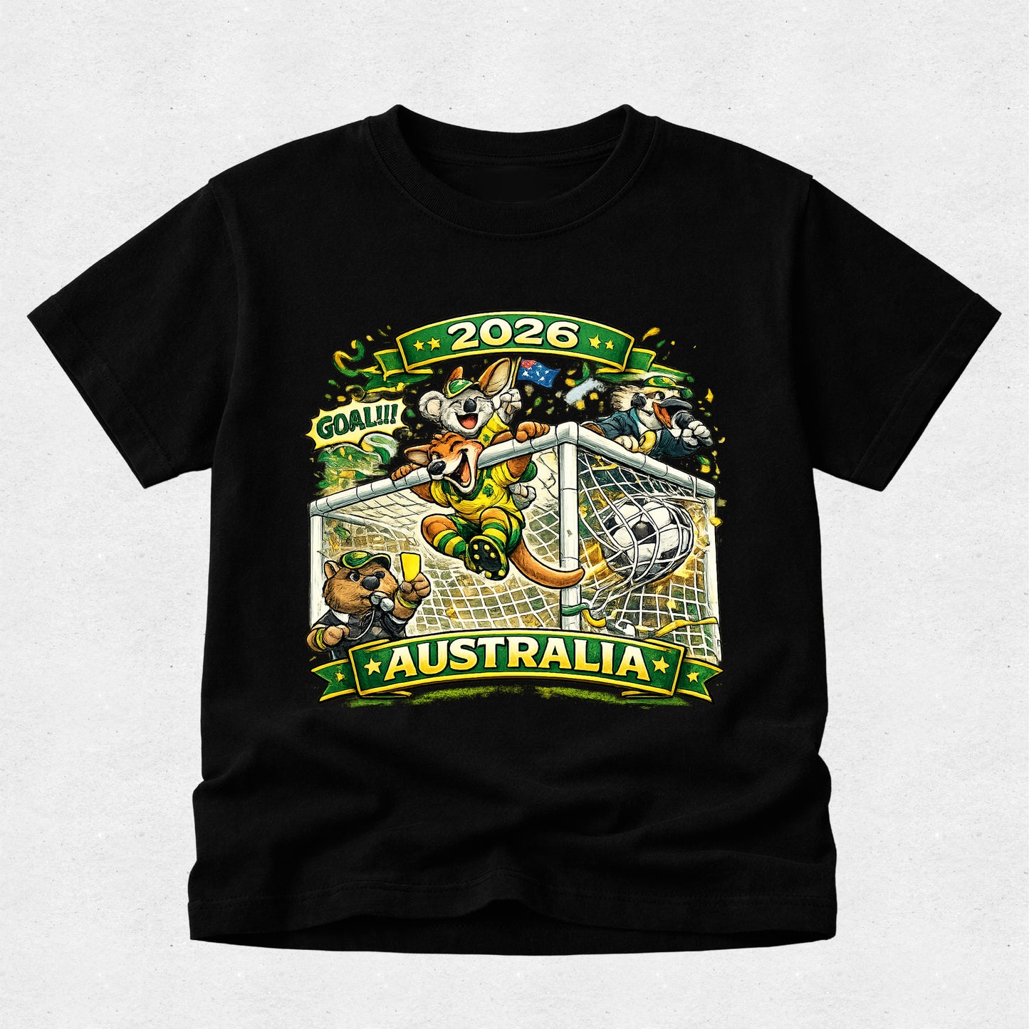 Black t-shirt with a sports-themed graphic featuring Australia and the year 2026 on a light gray background.