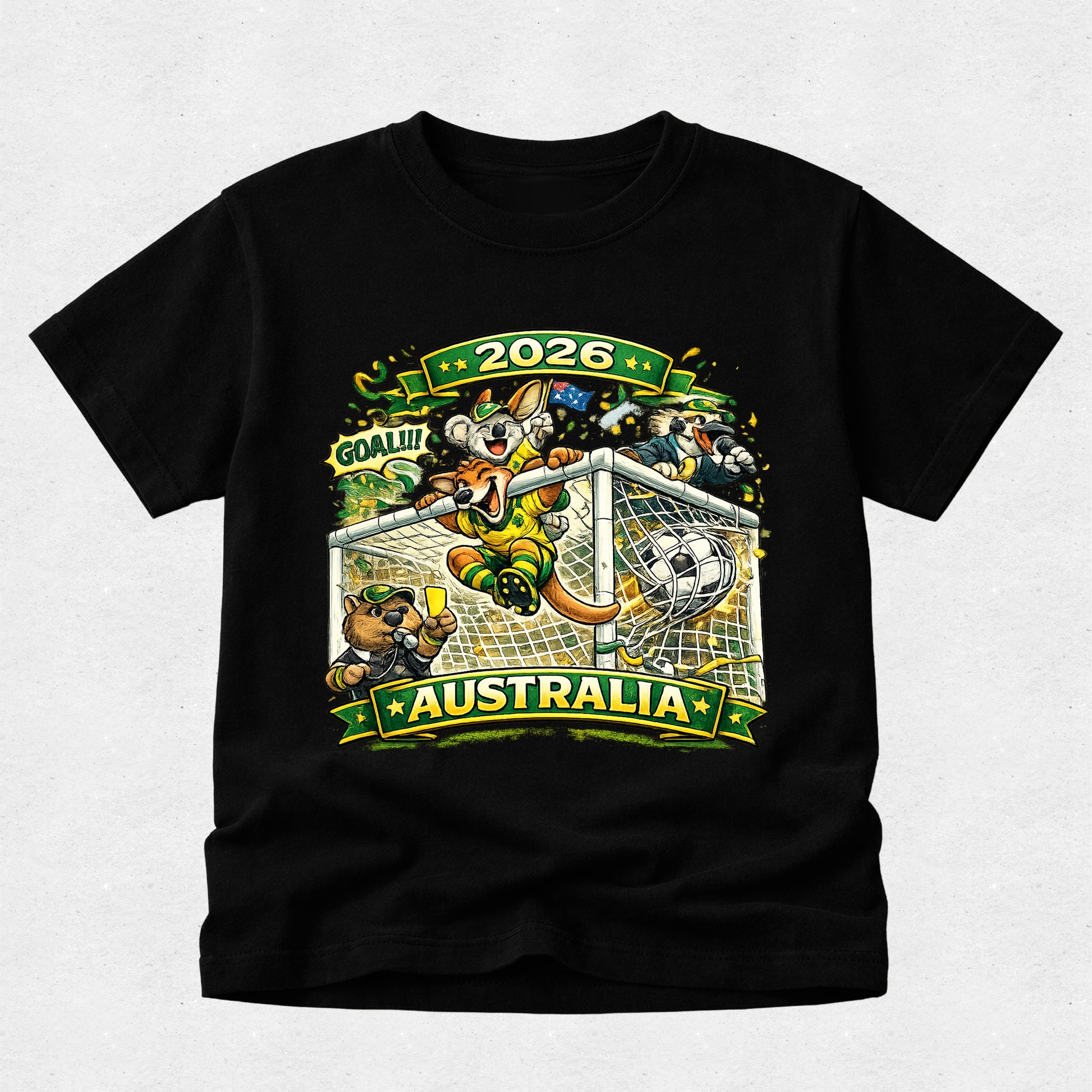 Black t-shirt with a sports-themed graphic featuring Australia and the year 2026 on a light gray background.