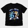 Black boys 7th birthday t-shirt with colourful cartoon number design reading "I Was 6 Now I'm 7".