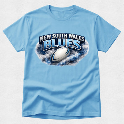 Light blue t-shirt with New South Wales Blues rugby design on a white background