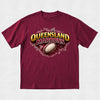 Maroon t-shirt with Queensland Maroons logo featuring a rugby ball on a white background