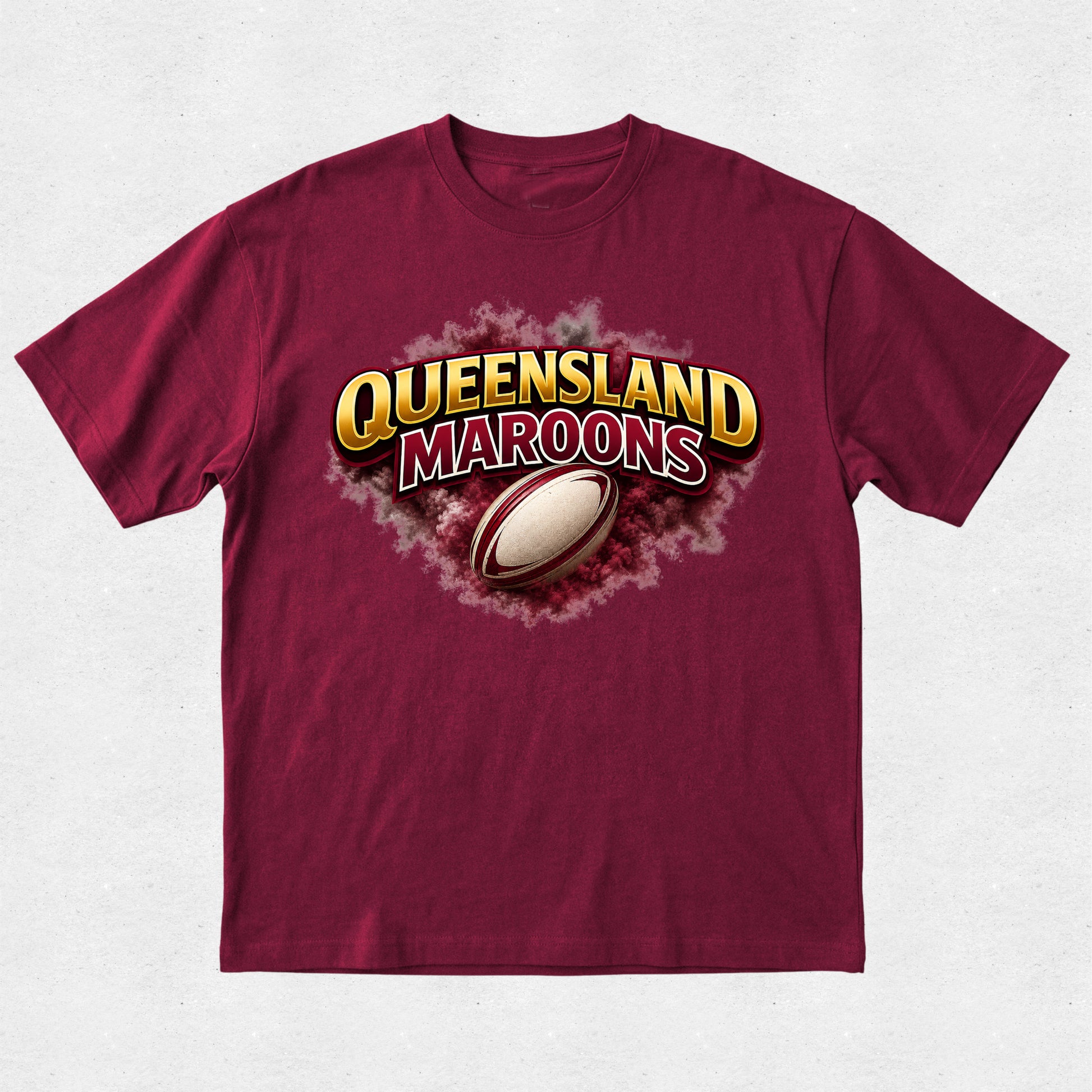 Maroon t-shirt with Queensland Maroons logo featuring a rugby ball on a white background