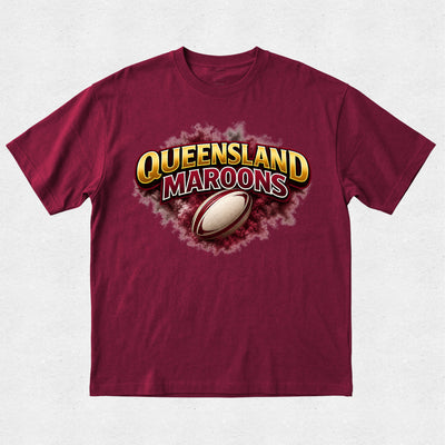 Maroon t-shirt with Queensland Maroons logo featuring a rugby ball on a white background
