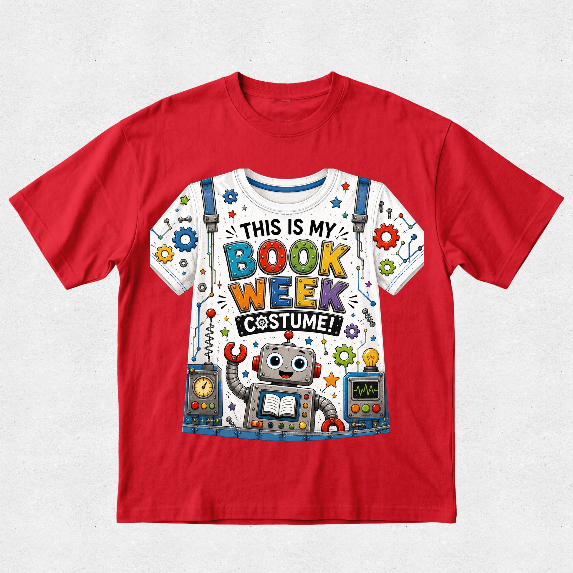 A red short-sleeve crewneck t-shirt featuring a colorful graphic print of a white t-shirt with a robot and the text 'THIS IS MY BOOK WEEK COSTUME!'.