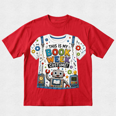 A red short-sleeve crewneck t-shirt featuring a colorful graphic print of a white t-shirt with a robot and the text 'THIS IS MY BOOK WEEK COSTUME!'.