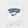 White t-shirt with 'New South Wales Blues' rugby design on a white background