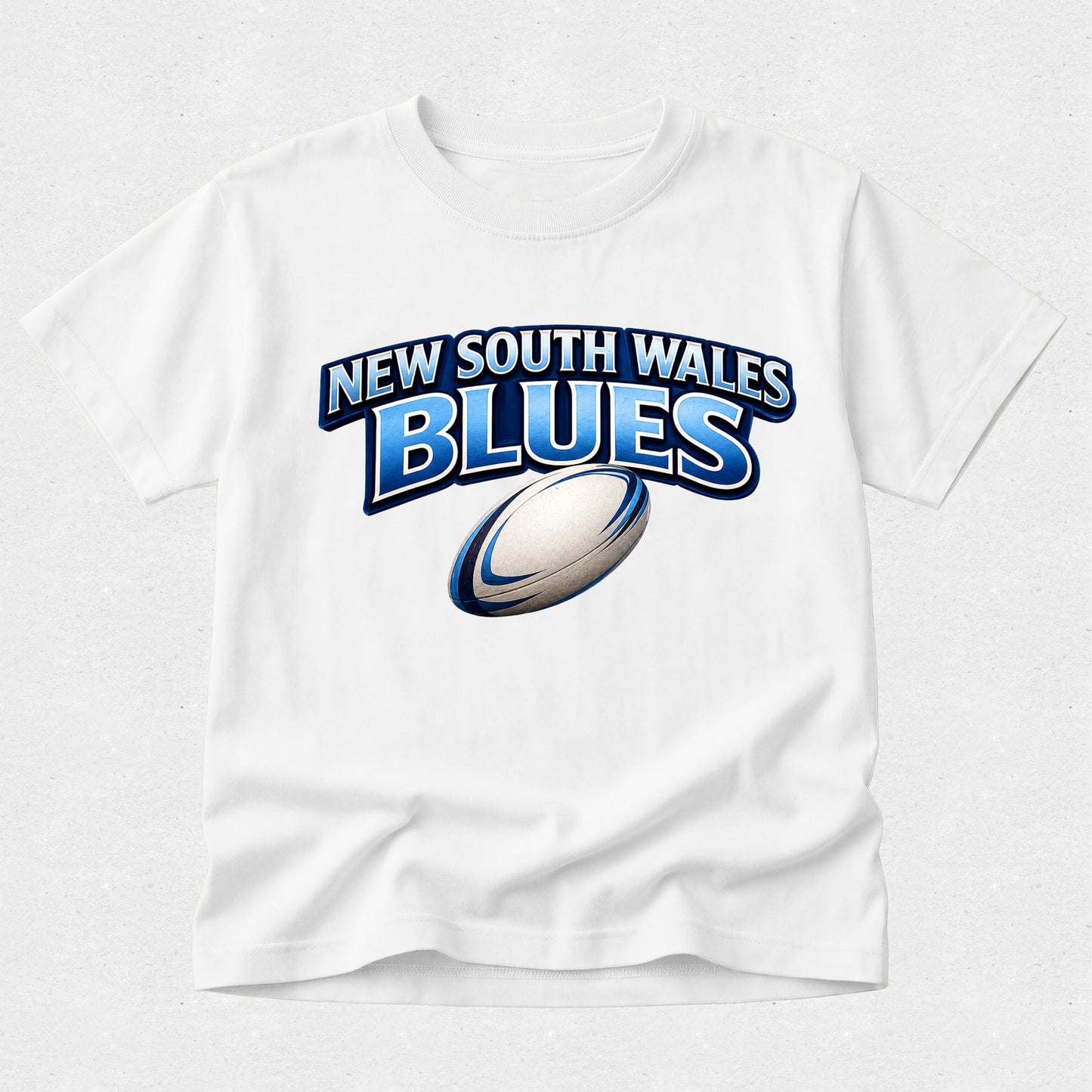 White t-shirt with 'New South Wales Blues' rugby design on a white background