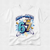 White boys 7th birthday t-shirt featuring colourful birthday number graphic with crown and celebration design.