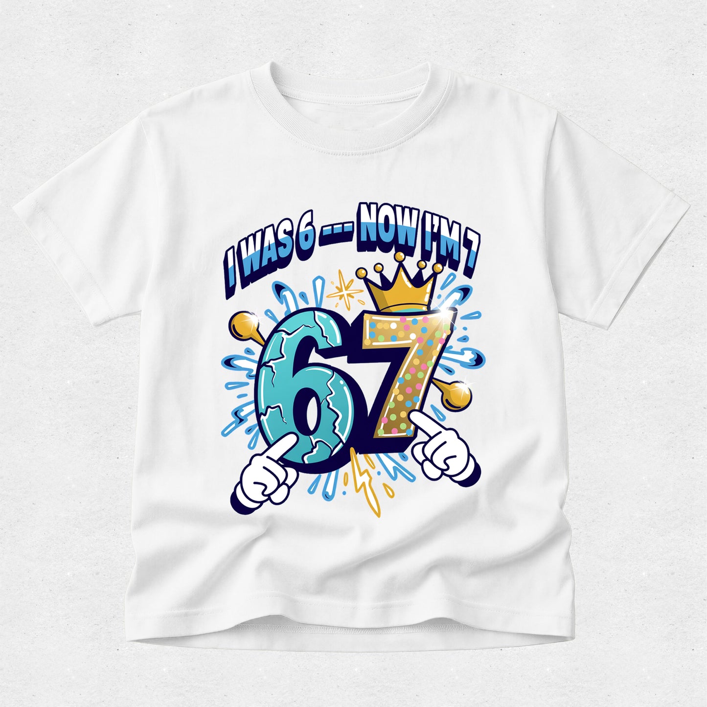White boys 7th birthday t-shirt featuring colourful birthday number graphic with crown and celebration design.