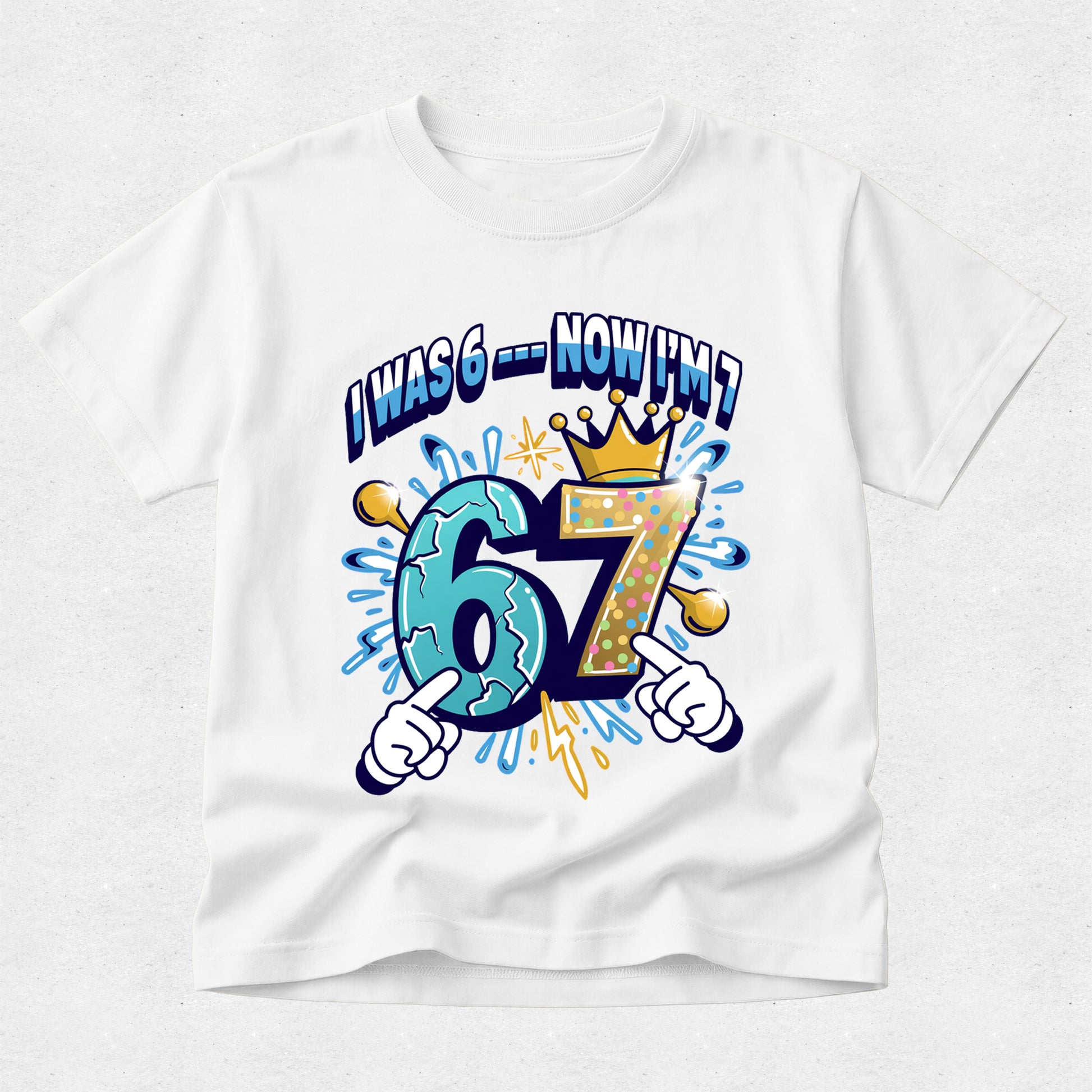White boys 7th birthday t-shirt featuring colourful birthday number graphic with crown and celebration design.
