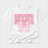 White t-shirt with pink floral 'MINI' and bow design on a white background