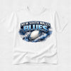 White t-shirt with New South Wales Blues logo featuring a rugby ball on a white background