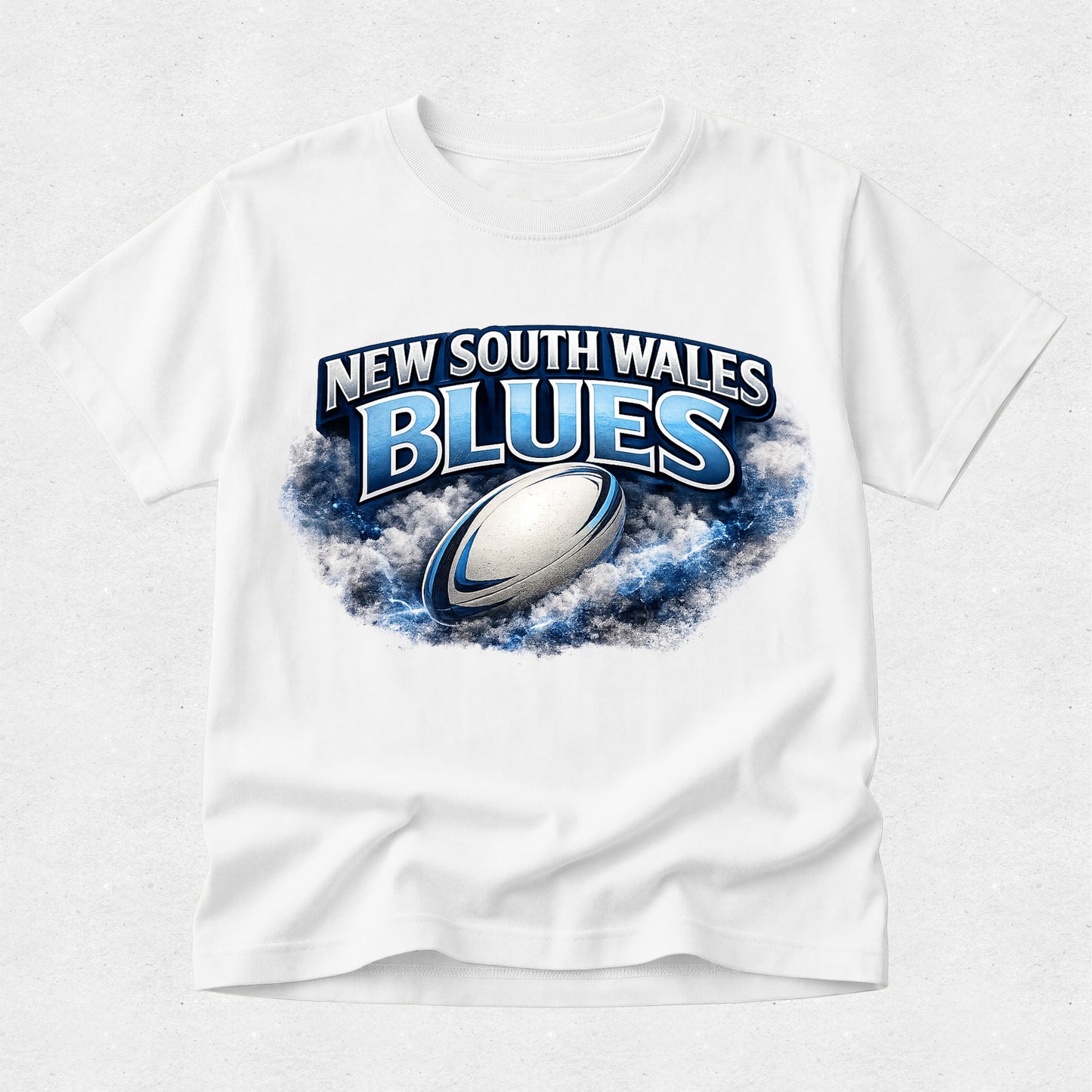 White t-shirt with New South Wales Blues logo featuring a rugby ball on a white background