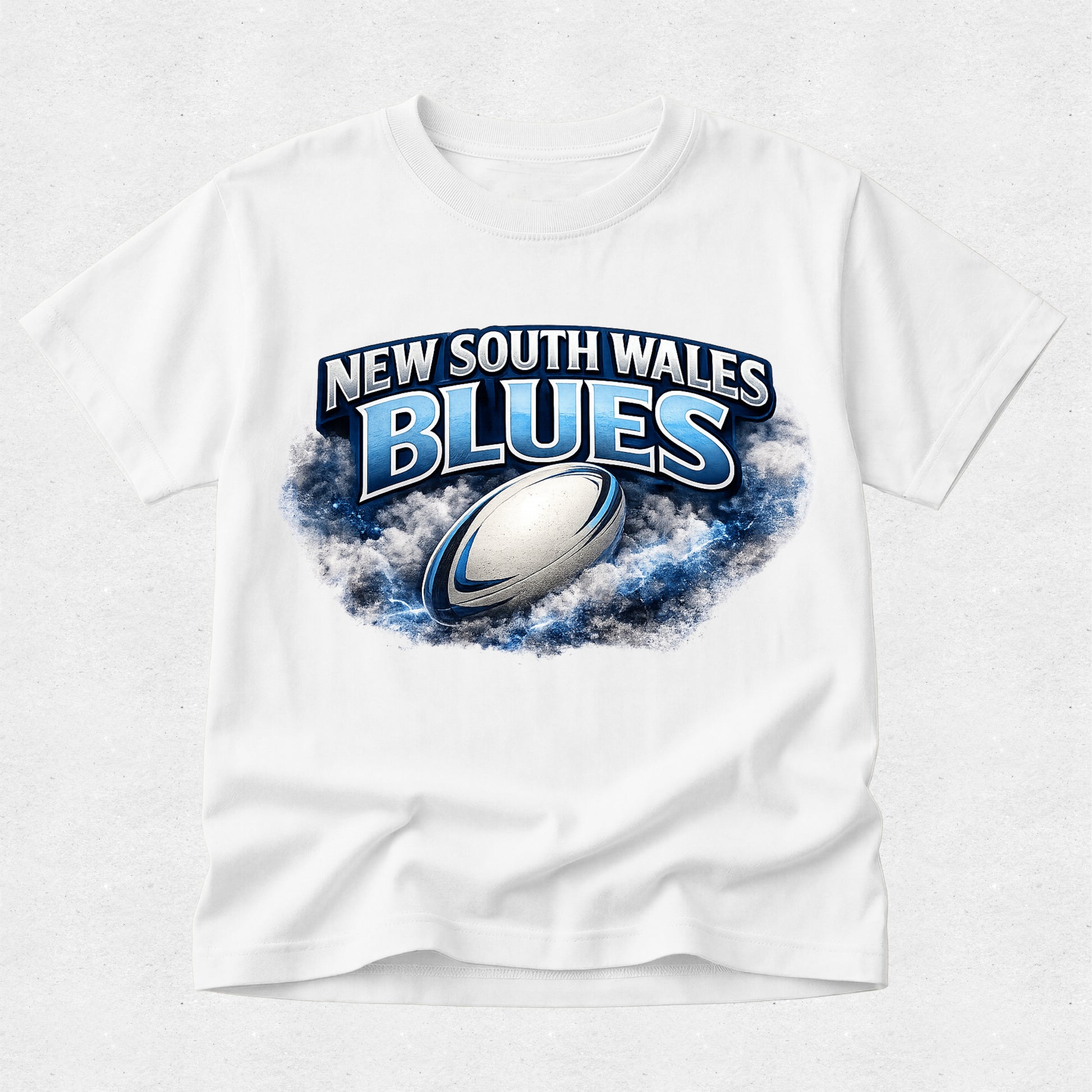 White t-shirt with New South Wales Blues logo featuring a rugby ball on a white background
