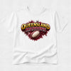 White t-shirt with Queensland Maroons logo featuring a rugby ball on a white background