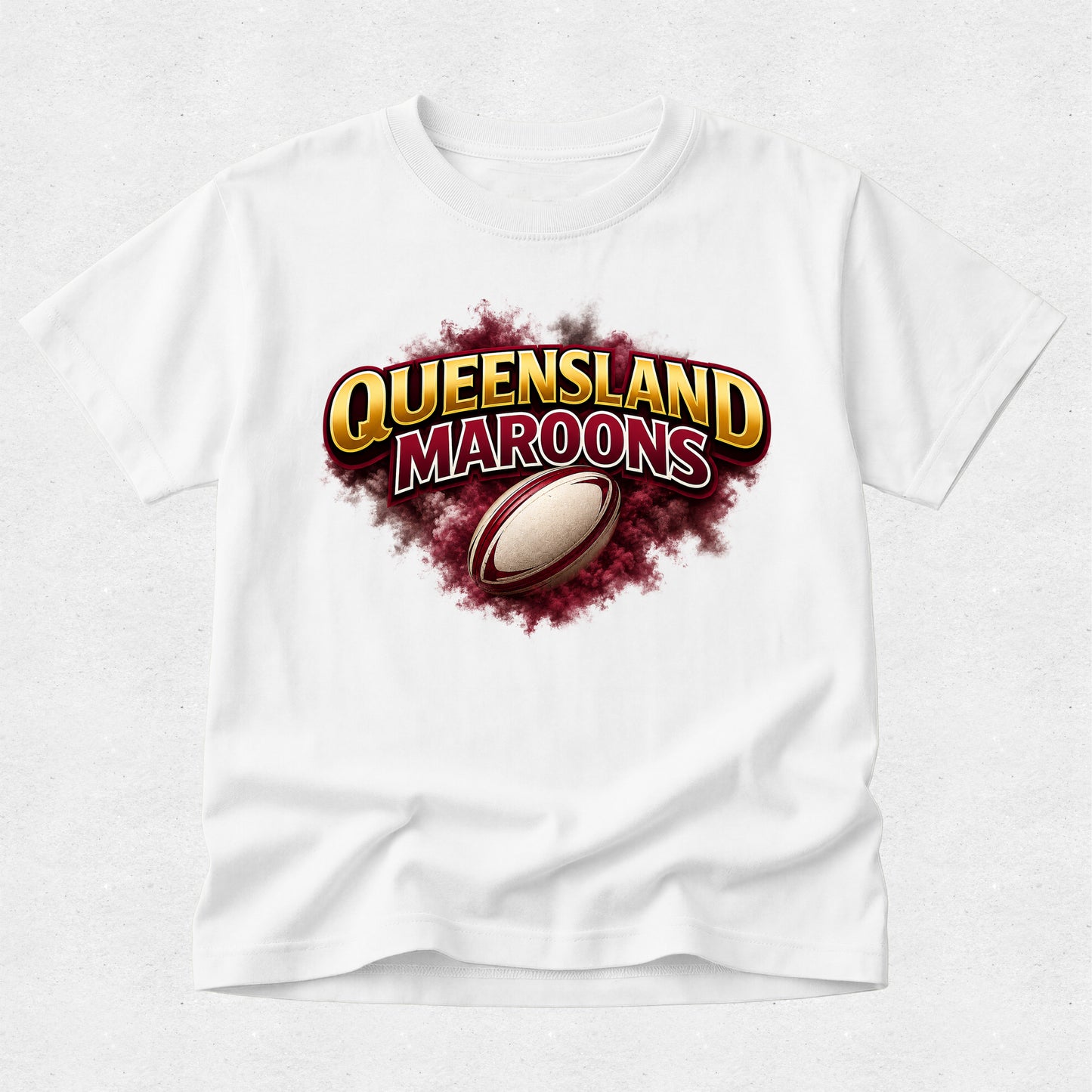 White t-shirt with Queensland Maroons logo featuring a rugby ball on a white background