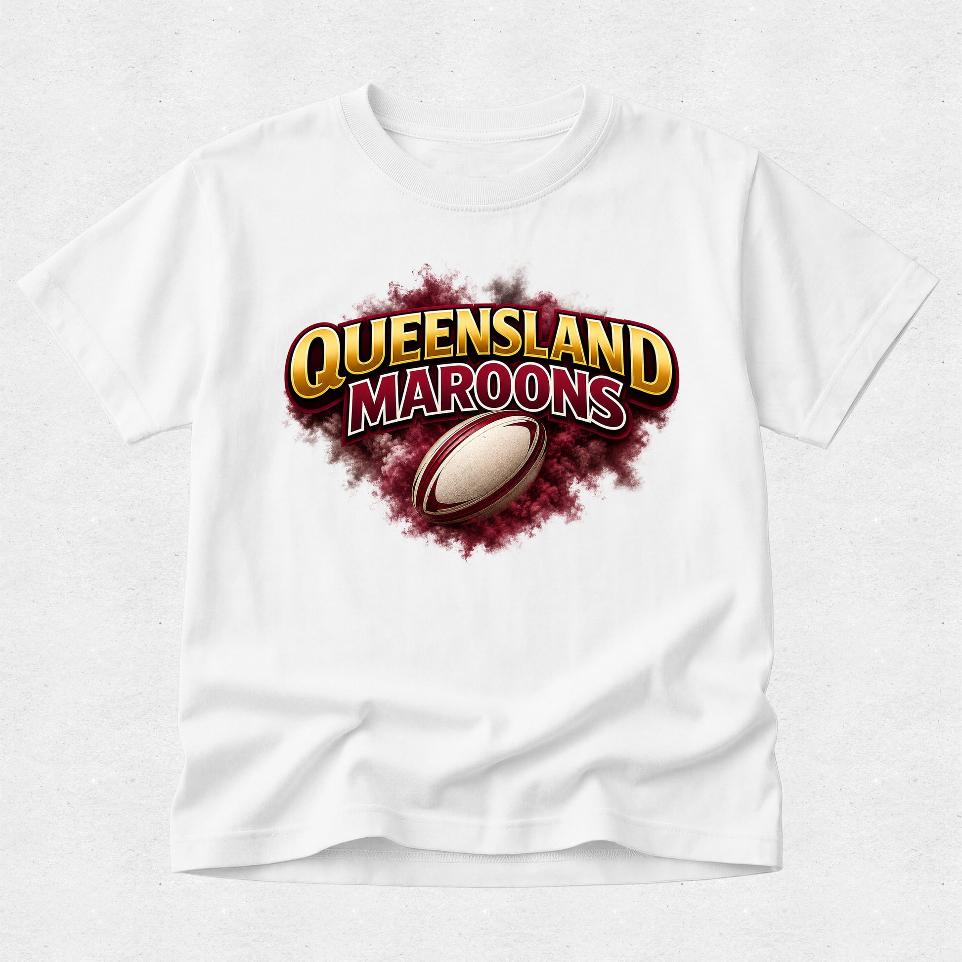 White t-shirt with Queensland Maroons logo featuring a rugby ball on a white background