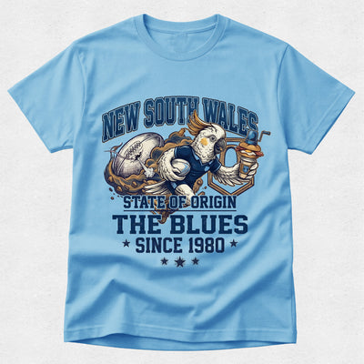 Light blue t-shirt with New South Wales State of Origin design featuring a cockatoo and shark.