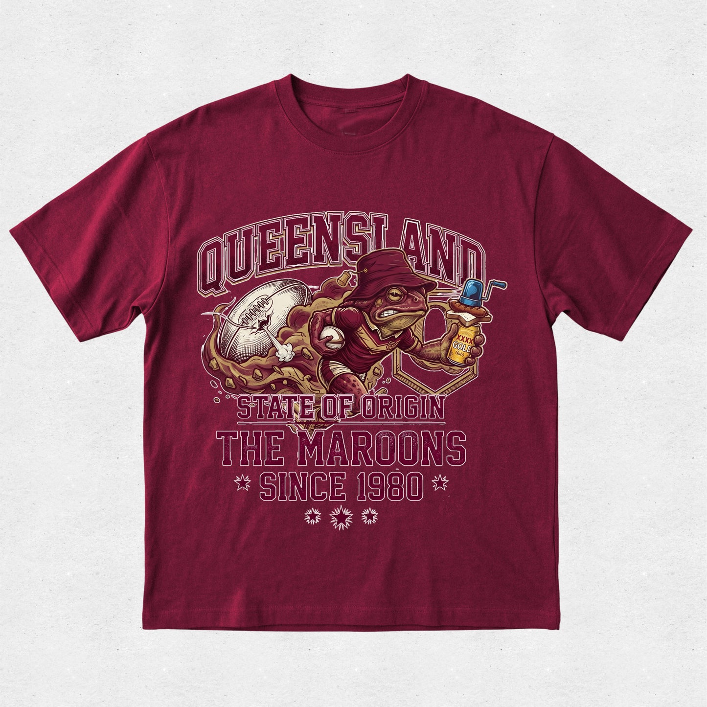Maroon t-shirt with Queensland State of Origin graphic on a light gray background