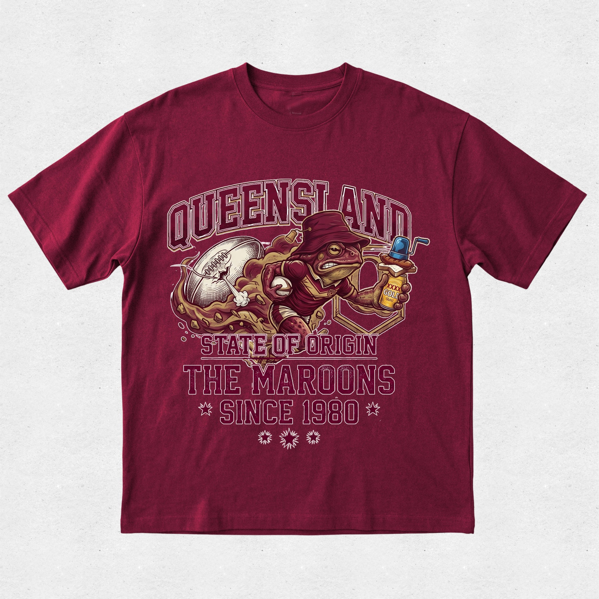 Maroon t-shirt with Queensland State of Origin graphic on a light gray background