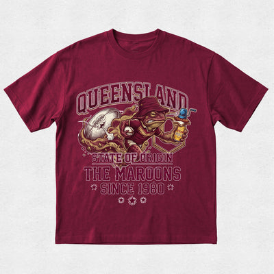 Maroon t-shirt with Queensland State of Origin graphic on a light gray background