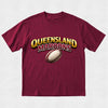 Maroon t-shirt with 'Queensland Maroons' text and rugby ball graphic on a light gray background