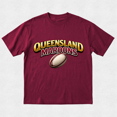 Maroon t-shirt with 'Queensland Maroons' text and rugby ball graphic on a light gray background
