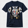 A navy blue short-sleeve crewneck t-shirt featuring a detailed graphic print of a police officer costume from the book 'This Is My Book Week Costume!'. The graphic shows a white and blue uniform with a black tactical vest, badges, and equipment, with the text 'THIS IS MY BOOK WEEK COSTUME!' printed on the front.