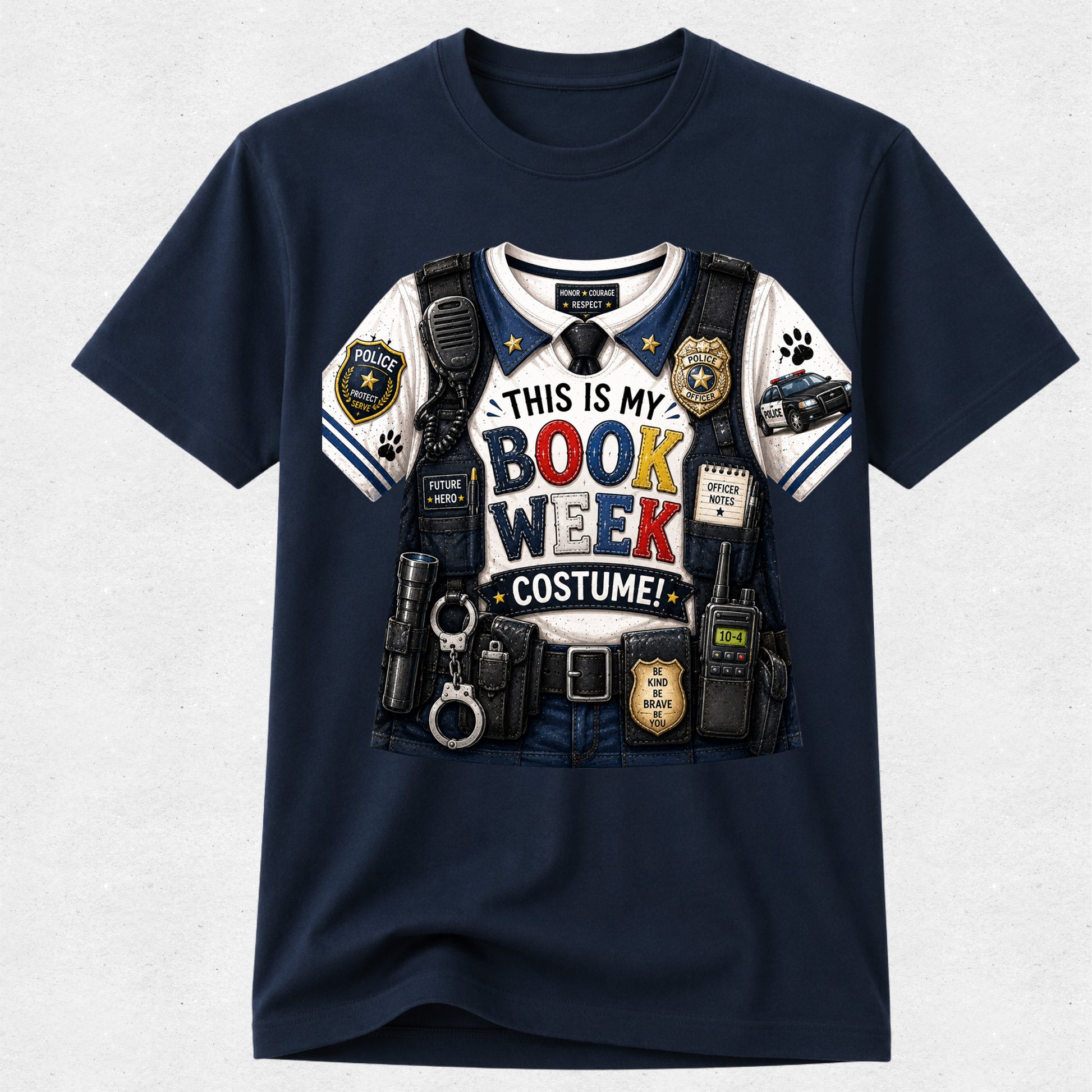 A navy blue short-sleeve crewneck t-shirt featuring a detailed graphic print of a police officer costume from the book 'This Is My Book Week Costume!'. The graphic shows a white and blue uniform with a black tactical vest, badges, and equipment, with the text 'THIS IS MY BOOK WEEK COSTUME!' printed on the front.