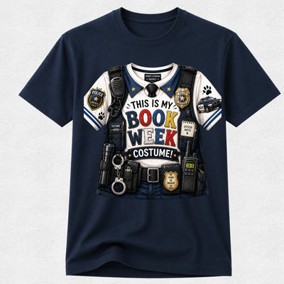 A navy blue short-sleeve crewneck t-shirt featuring a detailed graphic print of a police officer costume from the book 'This Is My Book Week Costume!'. The graphic shows a white and blue uniform with a black tactical vest, badges, and equipment, with the text 'THIS IS MY BOOK WEEK COSTUME!' printed on the front.