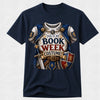 A navy blue short-sleeve crewneck t-shirt featuring a detailed graphic of a medieval knight's costume, complete with a silver and blue plate armor chest piece, a sword, a shield, and a banner reading 'THIS IS MY BOOK WEEK COSTUME!'.