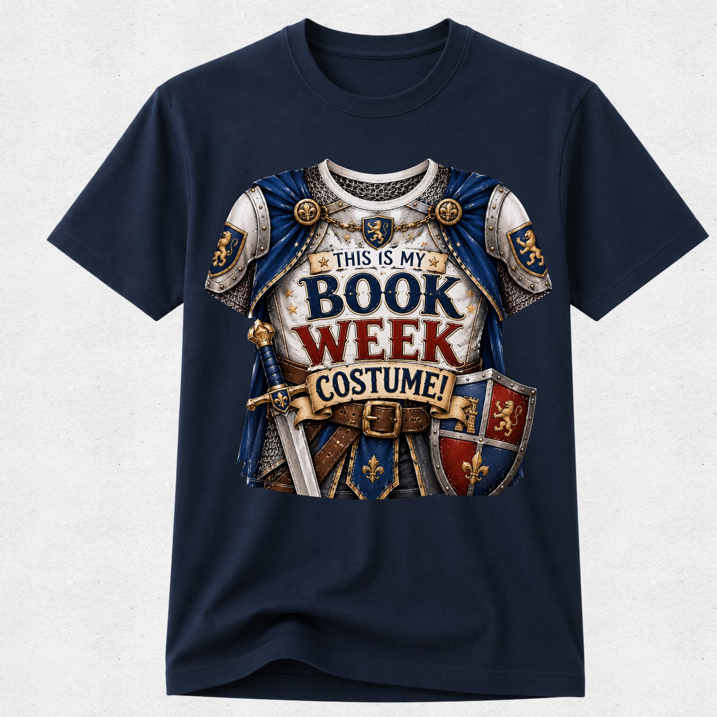 A navy blue short-sleeve crewneck t-shirt featuring a detailed graphic of a medieval knight's costume, complete with a silver and blue plate armor chest piece, a sword, a shield, and a banner reading 'THIS IS MY BOOK WEEK COSTUME!'.