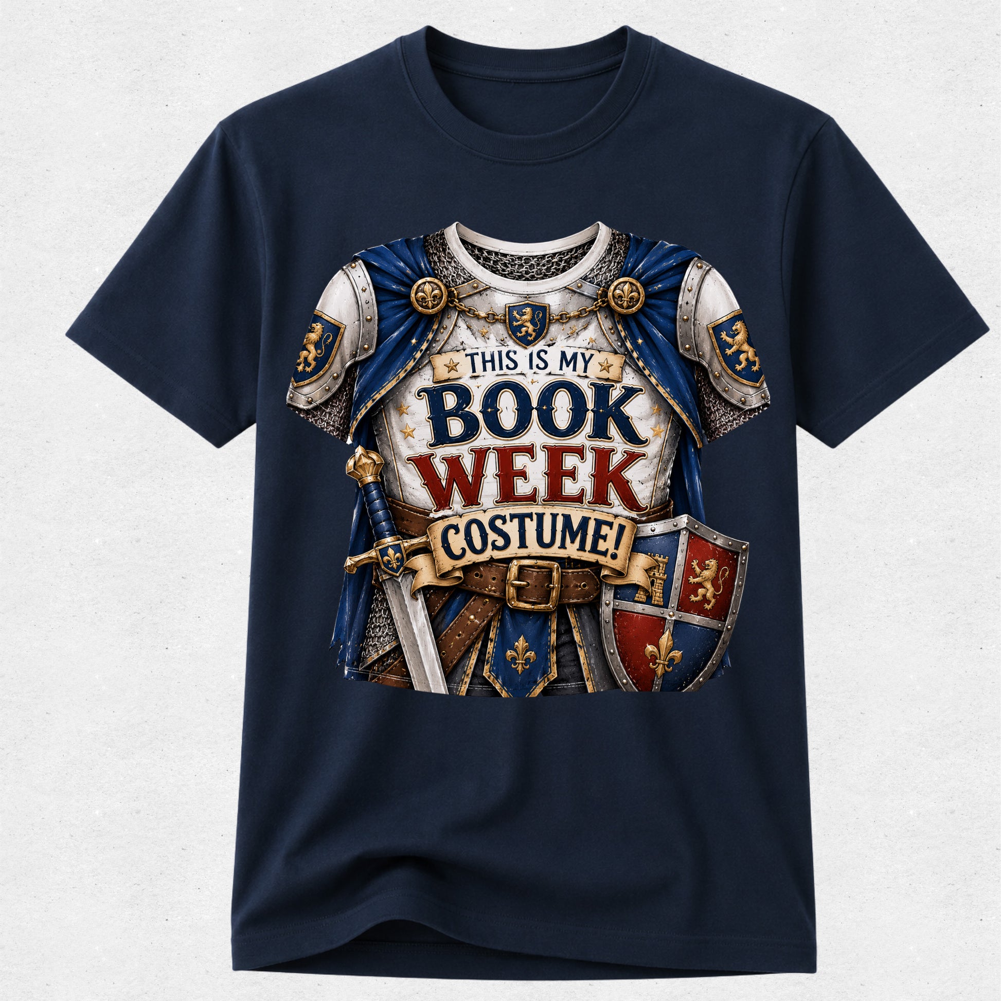 A navy blue short-sleeve crewneck t-shirt featuring a detailed graphic of a medieval knight's costume, complete with a silver and blue plate armor chest piece, a sword, a shield, and a banner reading 'THIS IS MY BOOK WEEK COSTUME!'.