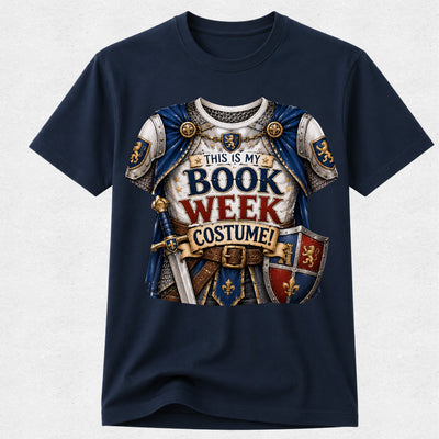 A navy blue short-sleeve crewneck t-shirt featuring a detailed graphic of a medieval knight's costume, complete with a silver and blue plate armor chest piece, a sword, a shield, and a banner reading 'THIS IS MY BOOK WEEK COSTUME!'.