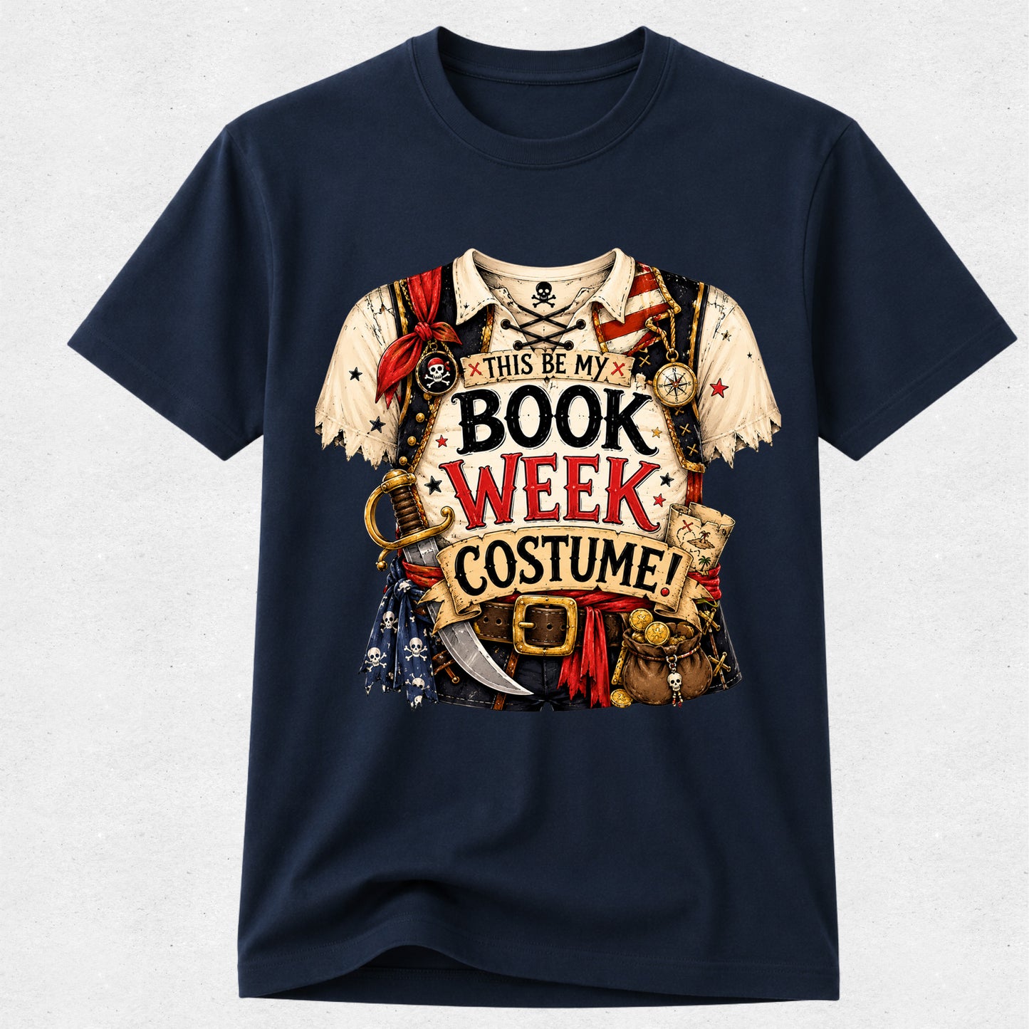 A navy blue short-sleeve crewneck t-shirt featuring a detailed graphic print of a pirate costume with the text 'THIS BE MY BOOK WEEK COSTUME!'. The graphic includes a white tattered shirt, red bandana, gold pirate belt, and treasure elements, displayed on a light gray background.