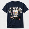 A navy blue short-sleeve crewneck t-shirt featuring a detailed graphic of a police costume vest with the text 'THIS IS MY BOOK WEEK COSTUME!' printed on the front.