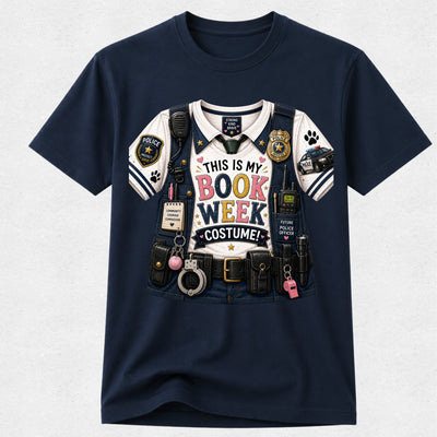 A navy blue short-sleeve crewneck t-shirt featuring a detailed graphic of a police costume vest with the text 'THIS IS MY BOOK WEEK COSTUME!' printed on the front.