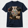 A navy blue short-sleeve crewneck t-shirt featuring a detailed graphic print of a book-themed costume outfit with the text 'THIS IS MY BOOK WEEK COSTUME!' and an illustration of Toothless from How to Train Your Dragon.