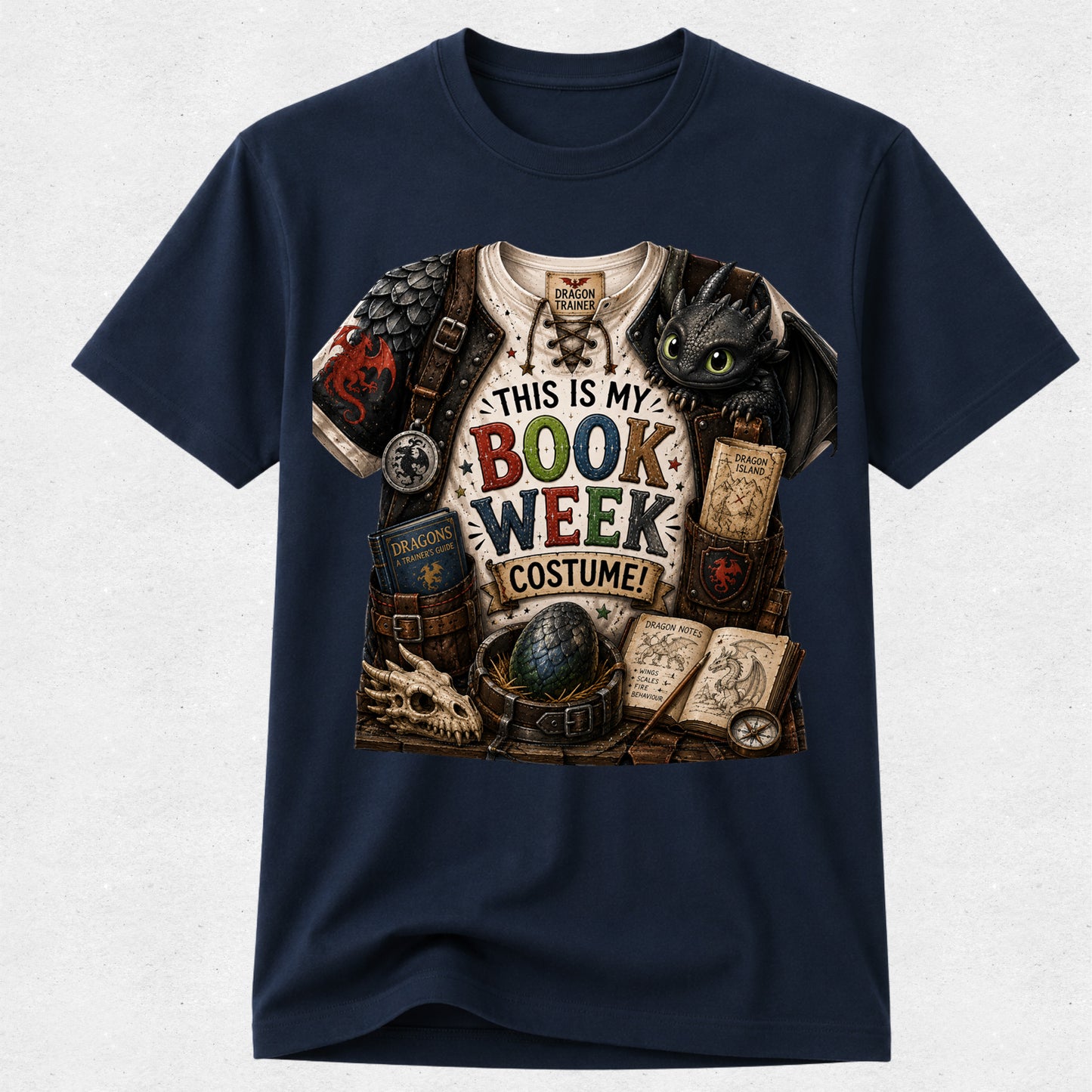 A navy blue short-sleeve crewneck t-shirt featuring a detailed graphic print of a book-themed costume outfit with the text 'THIS IS MY BOOK WEEK COSTUME!' and an illustration of Toothless from How to Train Your Dragon.