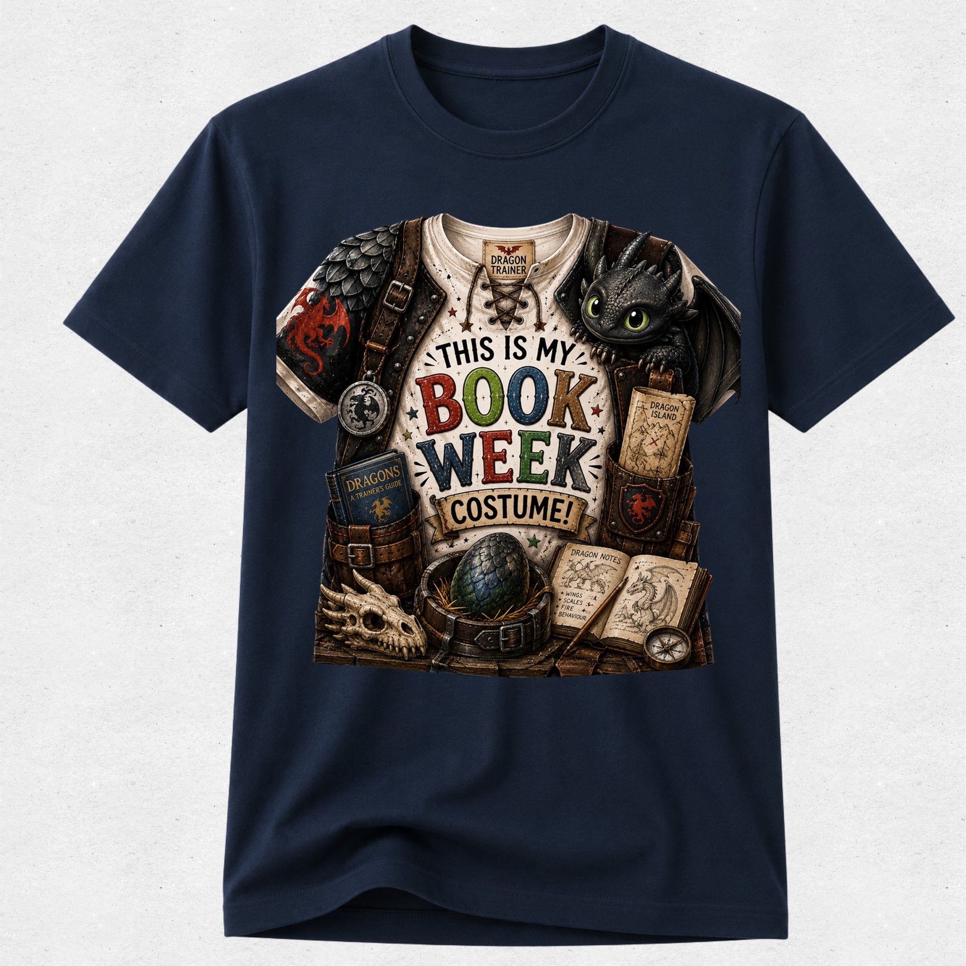 A navy blue short-sleeve crewneck t-shirt featuring a detailed graphic print of a book-themed costume outfit with the text 'THIS IS MY BOOK WEEK COSTUME!' and an illustration of Toothless from How to Train Your Dragon.