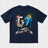 Navy personalised 7th birthday t-shirt featuring comic-style "I Was 6... Now I'm 7!" birthday design.