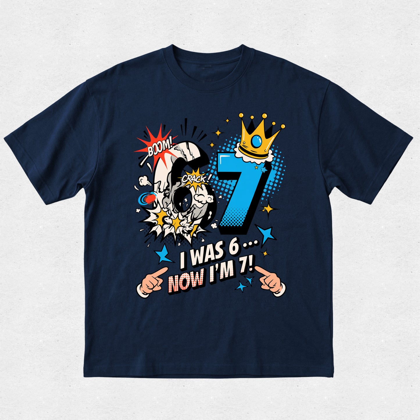 Navy personalised 7th birthday t-shirt featuring comic-style "I Was 6... Now I'm 7!" birthday design.