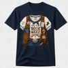 A navy blue short-sleeve crewneck t-shirt featuring a detailed graphic print of a western-themed book club costume. The graphic includes a white and blue striped shirt, brown vest, blue jeans, and a belt with badges that read 'THIS IS MY BOOK WEEK COSTUME' and 'WILD WESTERN'.